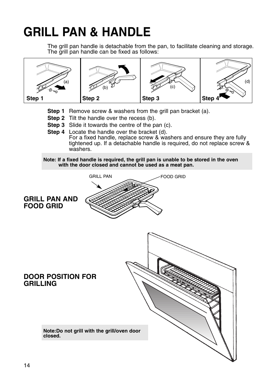 Grill pan & handle, Grill pan and food grid door position for grilling | Hotpoint BS41X User Manual | Page 14 / 36