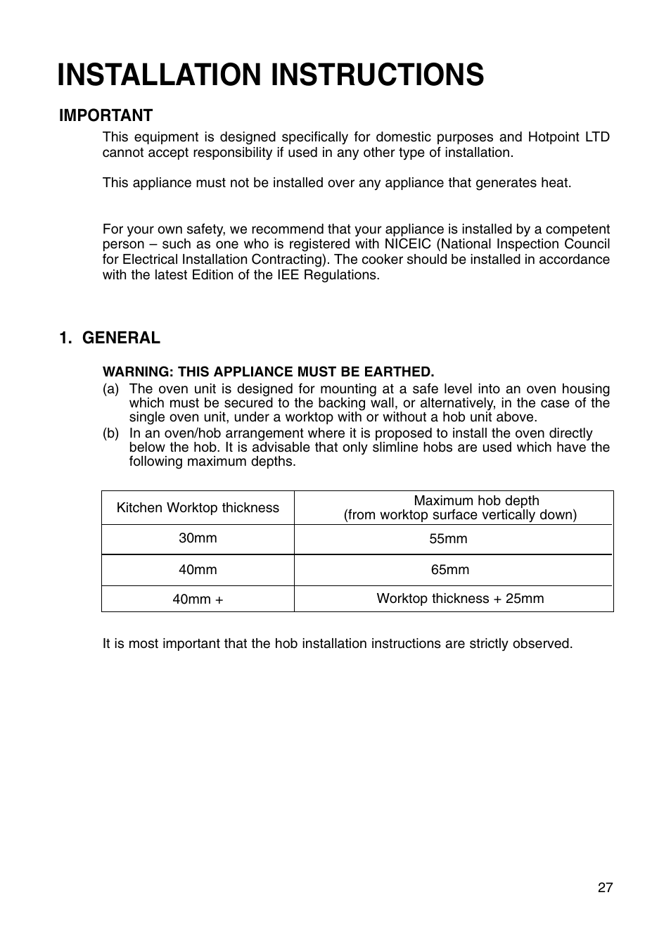 Installation instructions | Hotpoint BS41X User Manual | Page 27 / 36