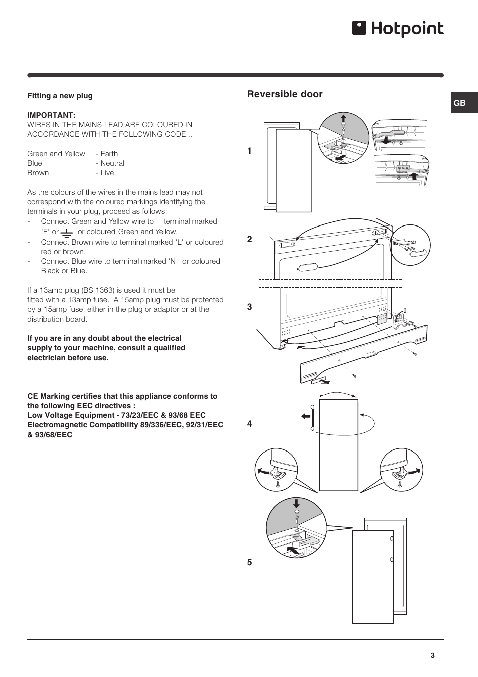 Reversible door | Hotpoint RLA175P User Manual | Page 3 / 12