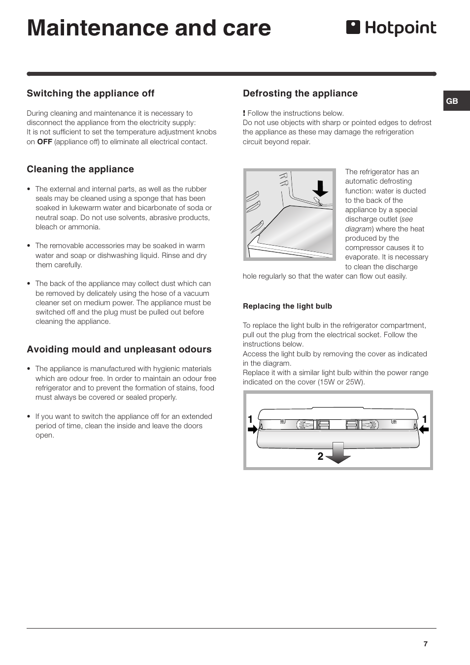 Maintenance and care | Hotpoint RLA175P User Manual | Page 7 / 12