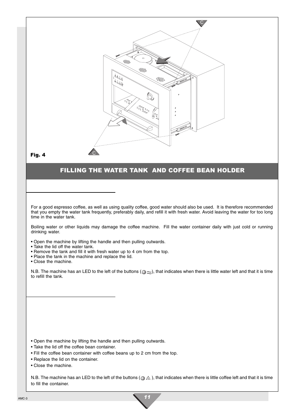 Filling the water tank and coffee bean holder | Hotpoint HCM60 User Manual | Page 11 / 20