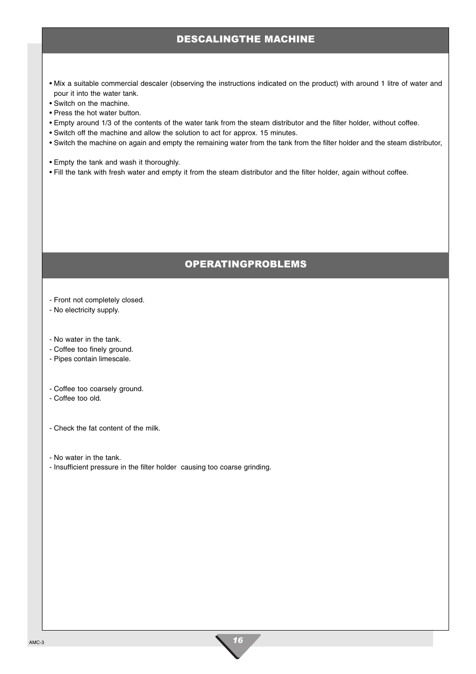 Descalingthe machine, Operatingproblems | Hotpoint HCM60 User Manual | Page 16 / 20