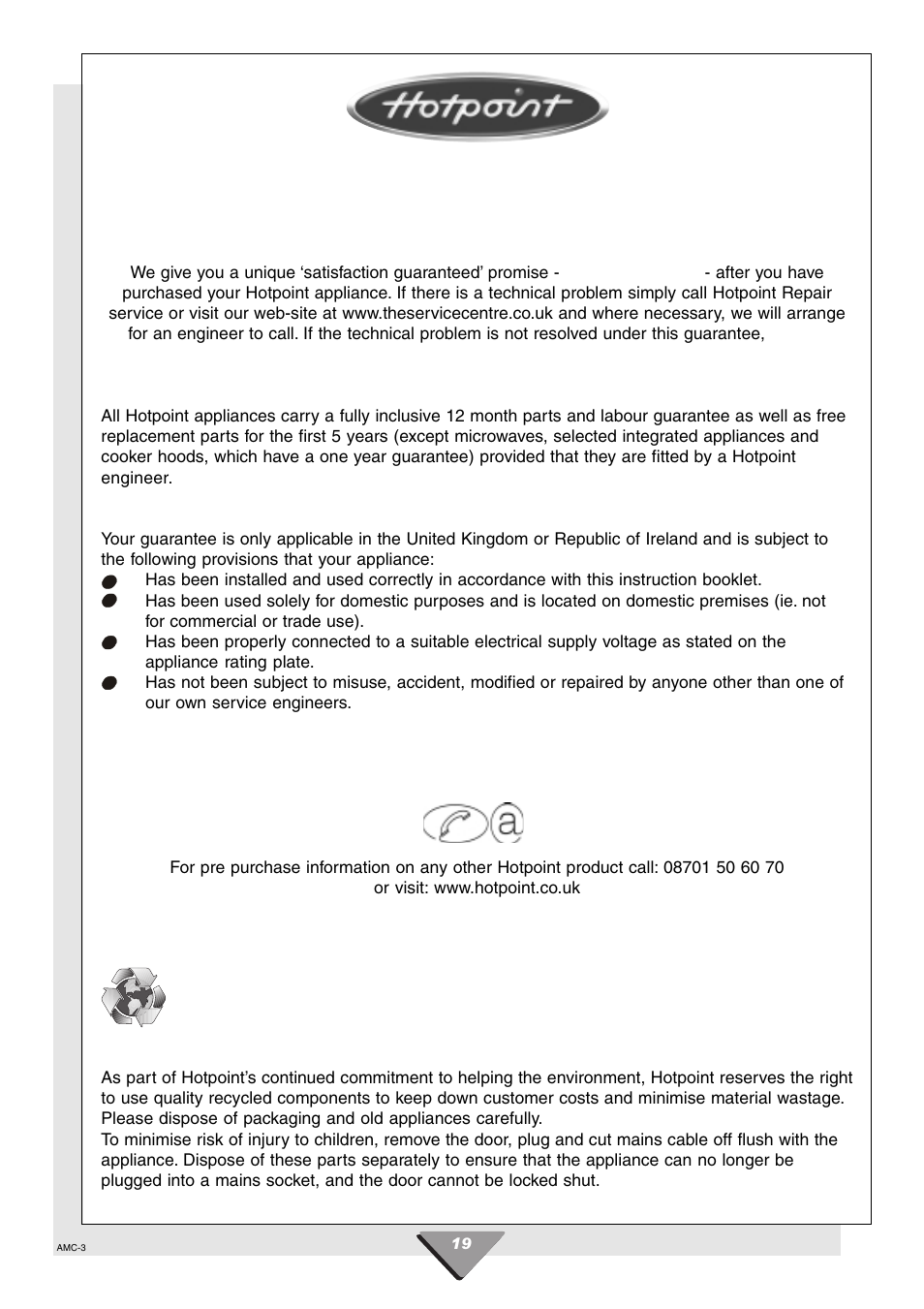 Guarantee, Recycling & disposal information | Hotpoint HCM60 User Manual | Page 19 / 20
