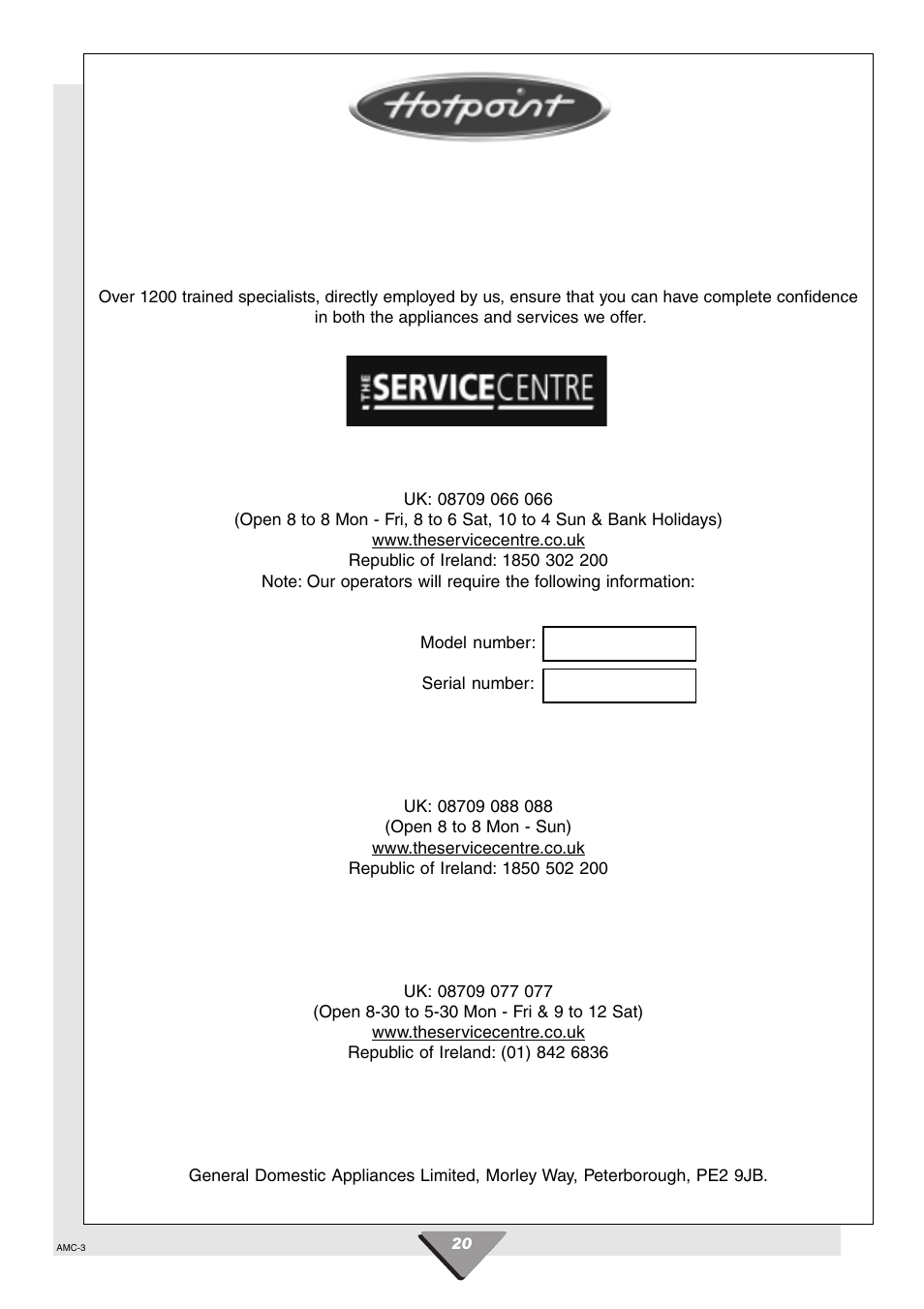 Key contacts, After sales service | Hotpoint HCM60 User Manual | Page 20 / 20