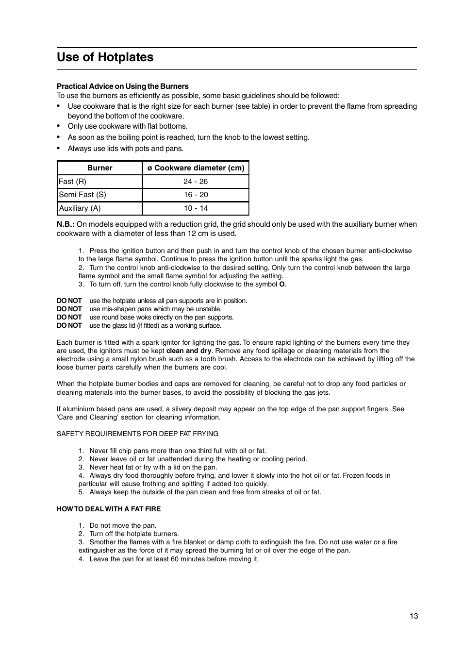 Use of hotplates | Hotpoint HW170GK User Manual | Page 13 / 24