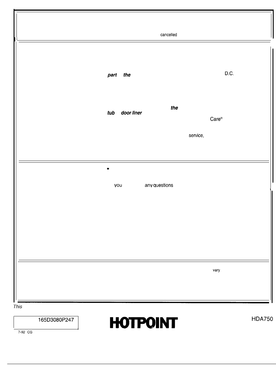 Warranty, Back cover, Your hotpoint automatic dishwasher | What is covered, What is not covered | Hotpoint HDA750 User Manual | Page 20 / 20