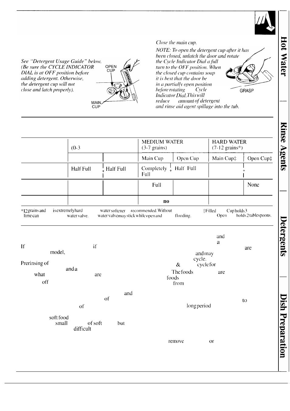 Dispenser cups, Detergent usage guide, How to prepare the dishes for washing | Hotpoint HDA750 User Manual | Page 7 / 20