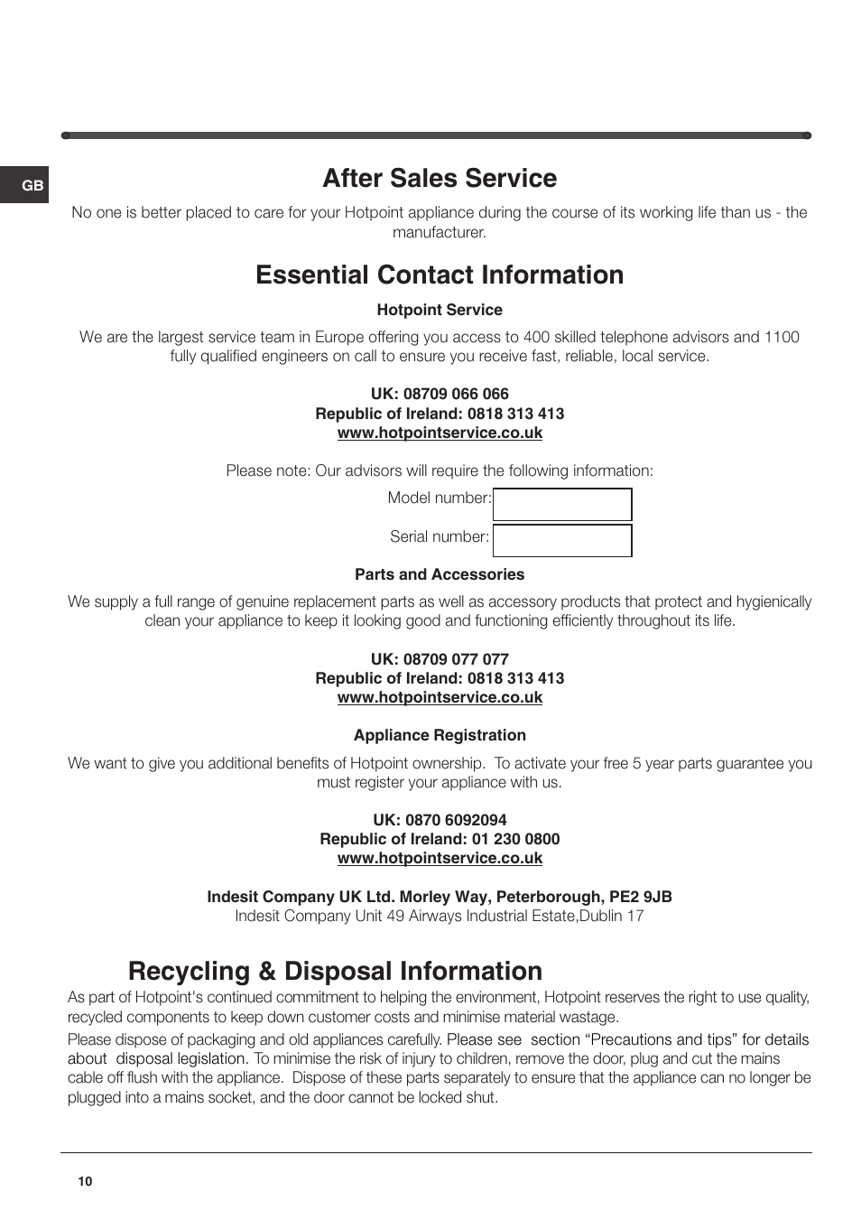 After sales service, Essential contact information, Recycling & disposal information | Hotpoint RZ150G User Manual | Page 10 / 12