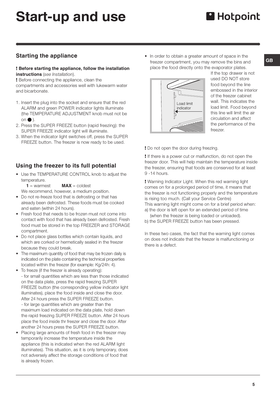 Start-up and use, Starting the appliance, Using the freezer to its full potential | Hotpoint RZ150G User Manual | Page 5 / 12