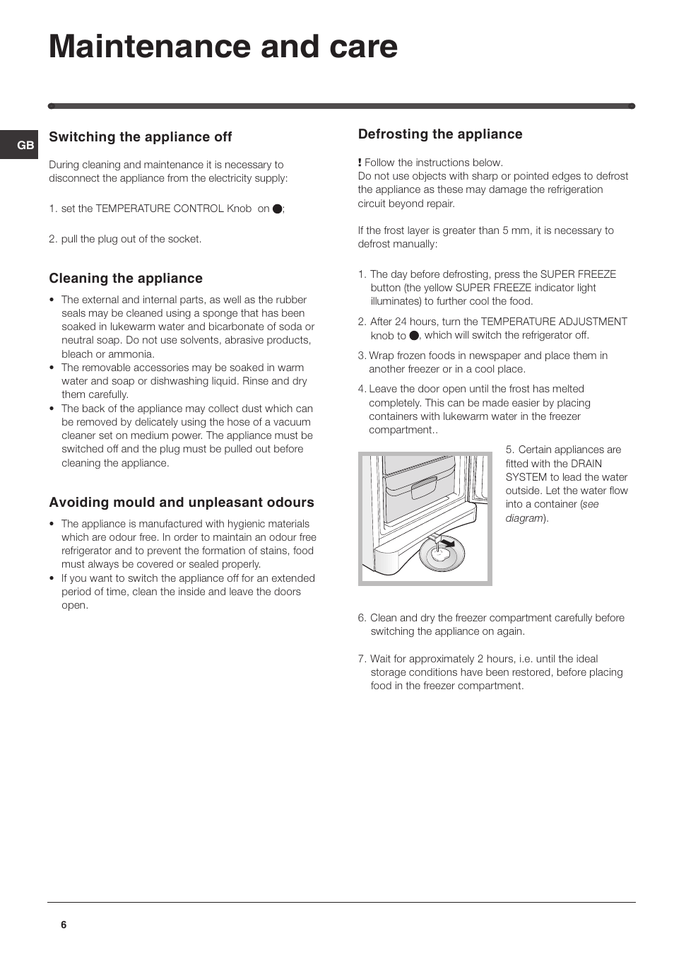 Maintenance and care | Hotpoint RZ150G User Manual | Page 6 / 12