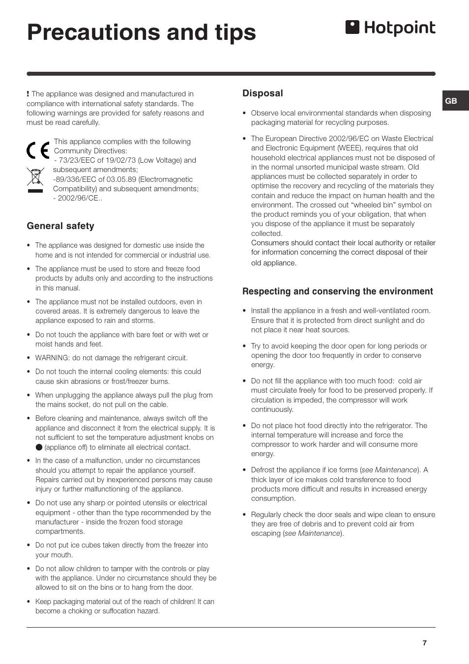 Precautions and tips, Disposal, Respecting and conserving the environment | General safety | Hotpoint RZ150G User Manual | Page 7 / 12