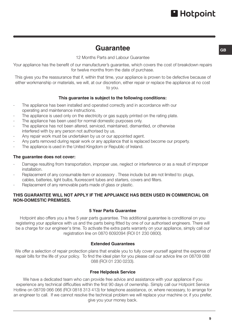 Guarantee | Hotpoint RZ150G User Manual | Page 9 / 12