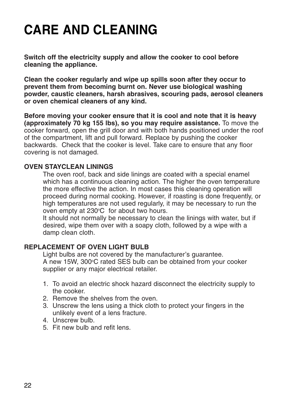 Care and cleaning | Hotpoint EG71 User Manual | Page 22 / 32