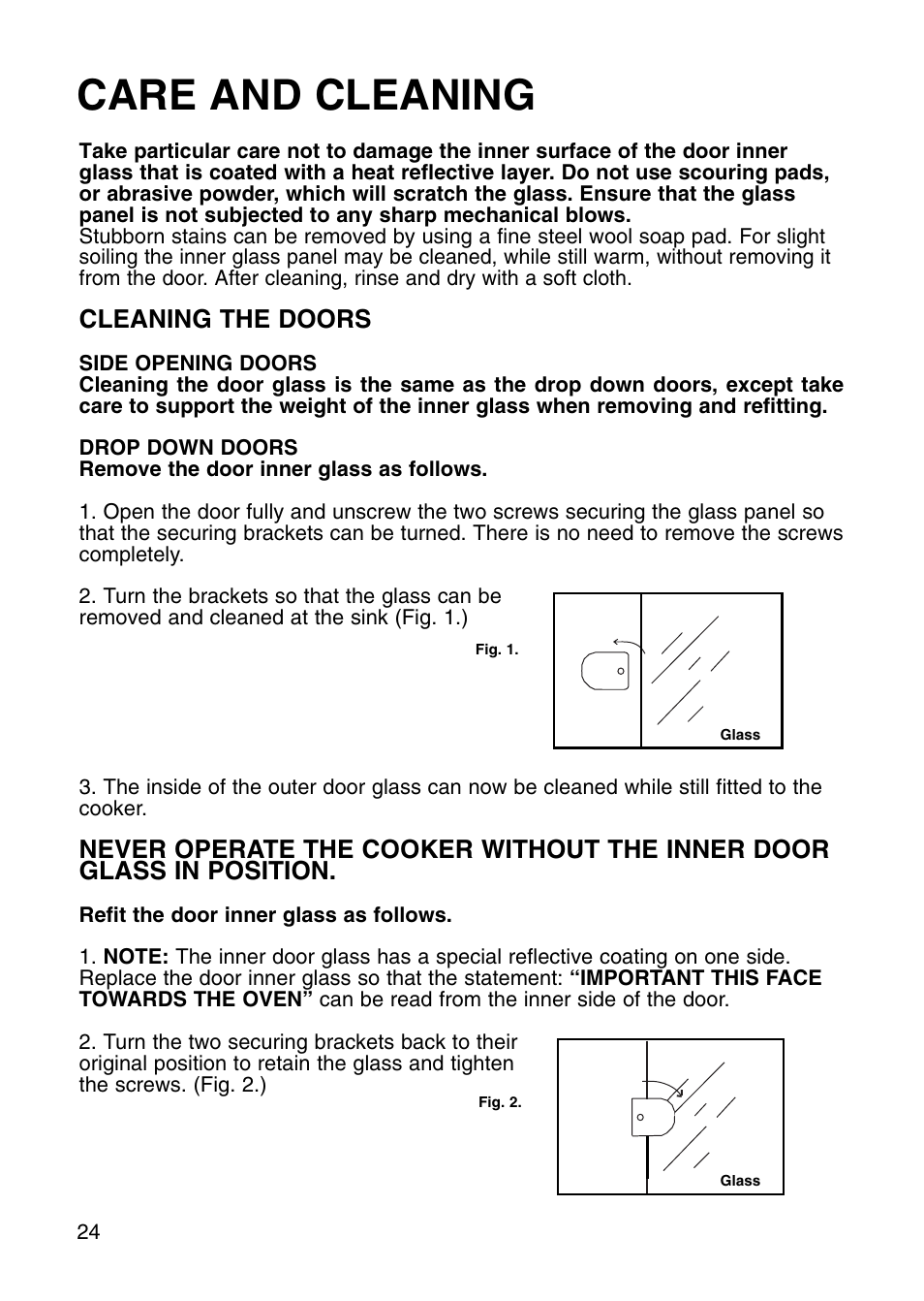 Care and cleaning, Cleaning the doors | Hotpoint EG71 User Manual | Page 24 / 32