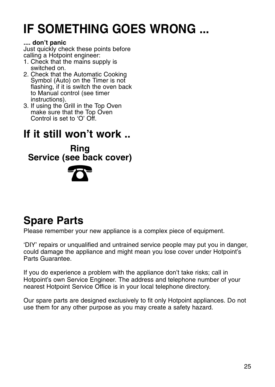 If something goes wrong, If it still won’t work, Spare parts | Hotpoint EG71 User Manual | Page 25 / 32