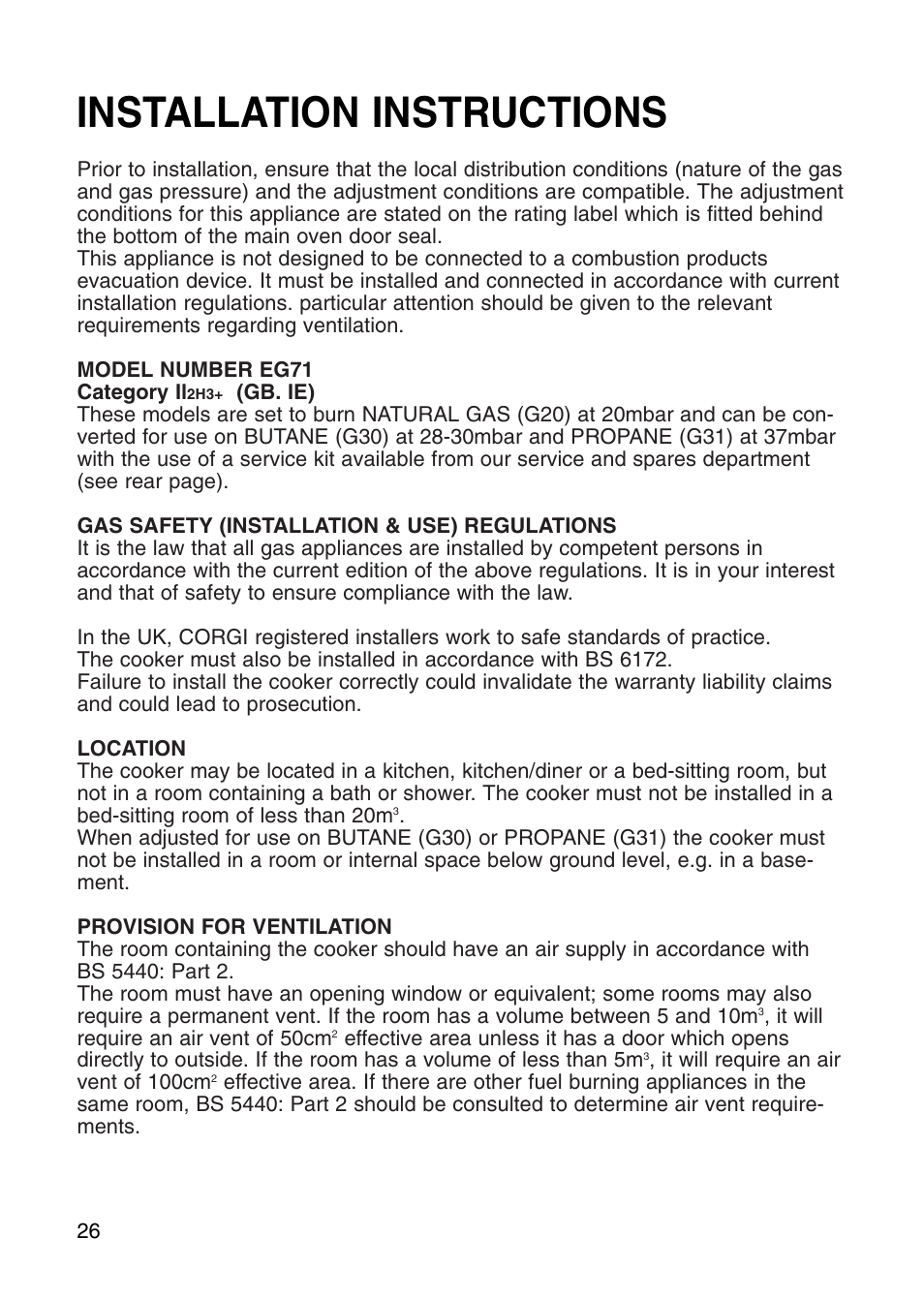 Installation instructions | Hotpoint EG71 User Manual | Page 26 / 32
