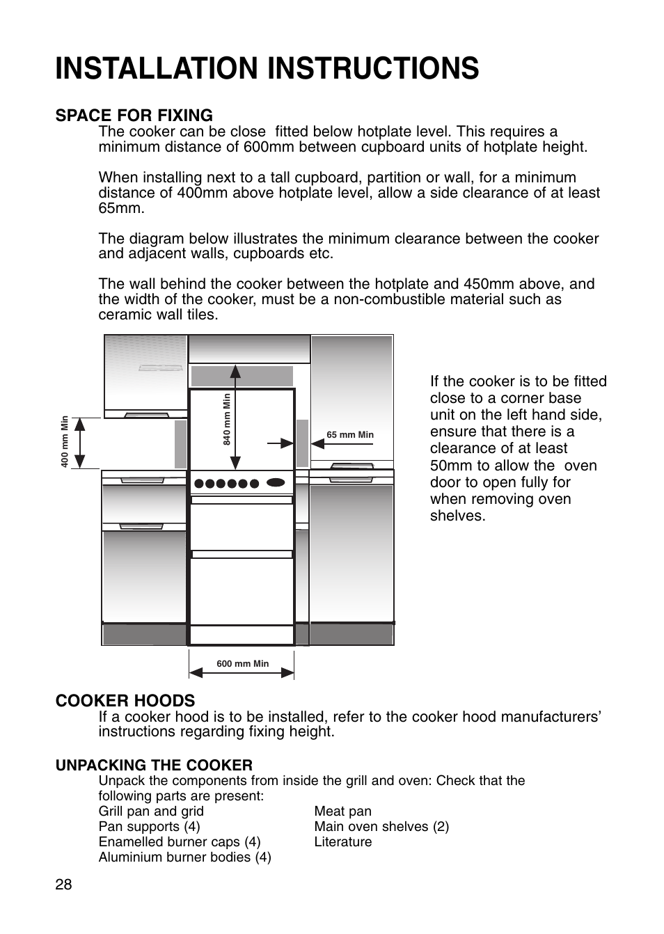 Installation instructions, Space for fixing, Cooker hoods | Hotpoint EG71 User Manual | Page 28 / 32