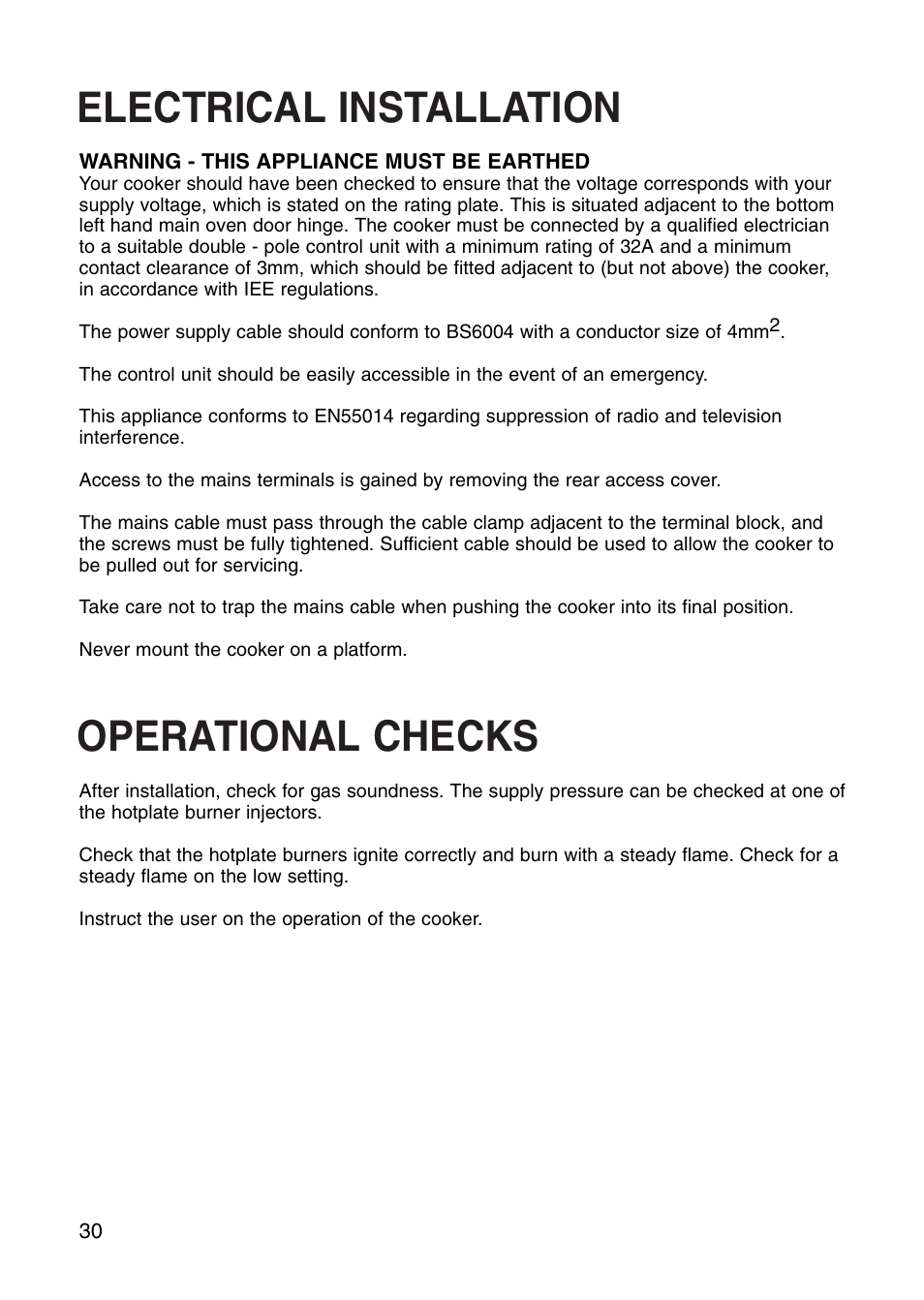 Electrical installation operational checks | Hotpoint EG71 User Manual | Page 30 / 32