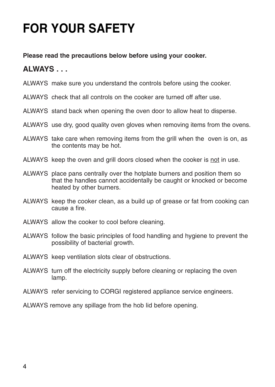 For your safety, Always | Hotpoint EG71 User Manual | Page 4 / 32