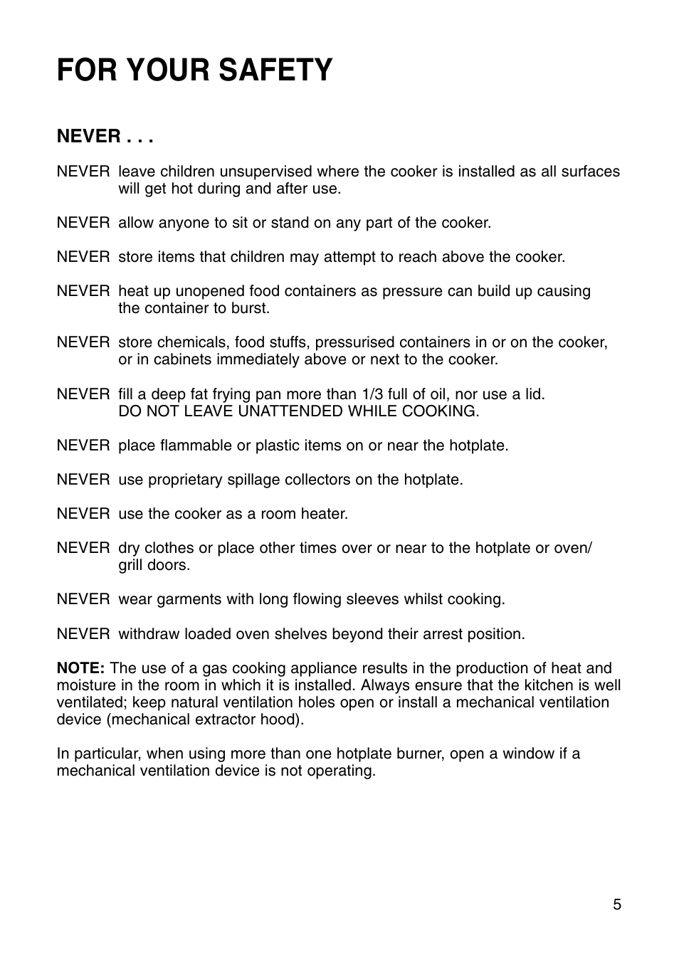 For your safety, Never | Hotpoint EG71 User Manual | Page 5 / 32