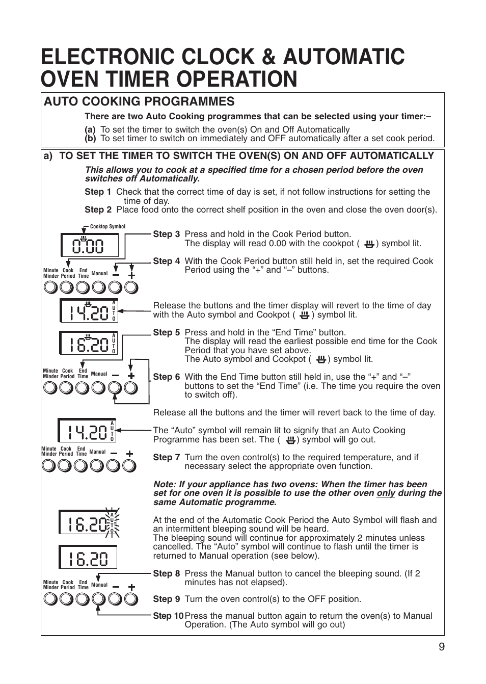 Electronic clock & automatic oven timer operation, Auto cooking programmes | Hotpoint EG71 User Manual | Page 9 / 32
