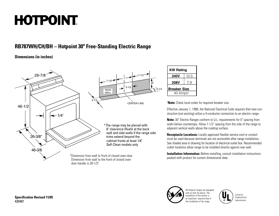 Hotpoint RB787WH/CH/BH User Manual | 2 pages