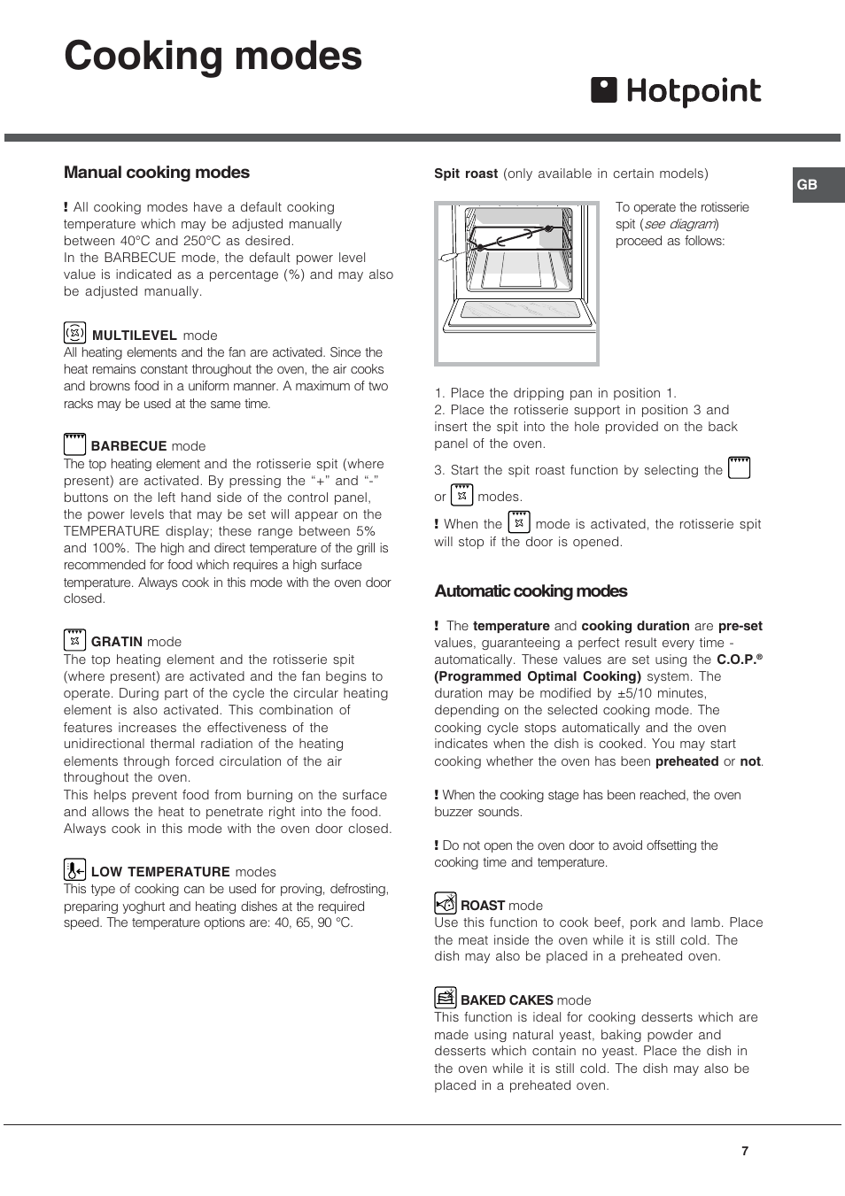 Cooking modes, Manual cooking modes, Automatic cooking modes | Hotpoint SE101PGX User Manual | Page 7 / 16