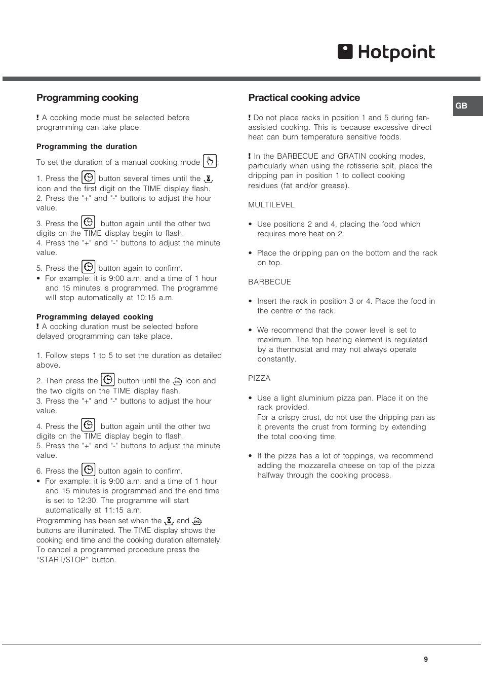 Programming cooking, Practical cooking advice | Hotpoint SE101PGX User Manual | Page 9 / 16