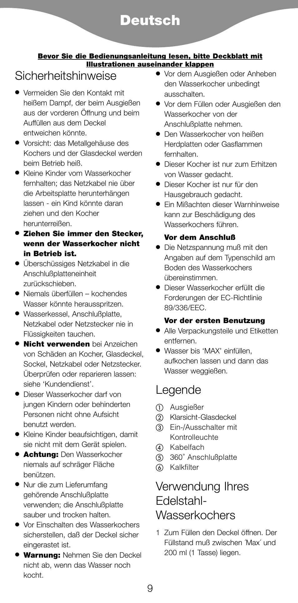 Deutsch, Sicherheitshinweise, Legende | Verwendung ihres edelstahl- wasserkochers | Kenwood SK887 User Manual | Page 12 / 48
