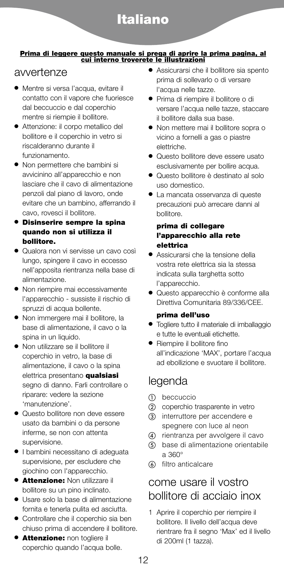 Italiano, Avvertenze, Legenda | Come usare il vostro bollitore di acciaio inox | Kenwood SK887 User Manual | Page 15 / 48