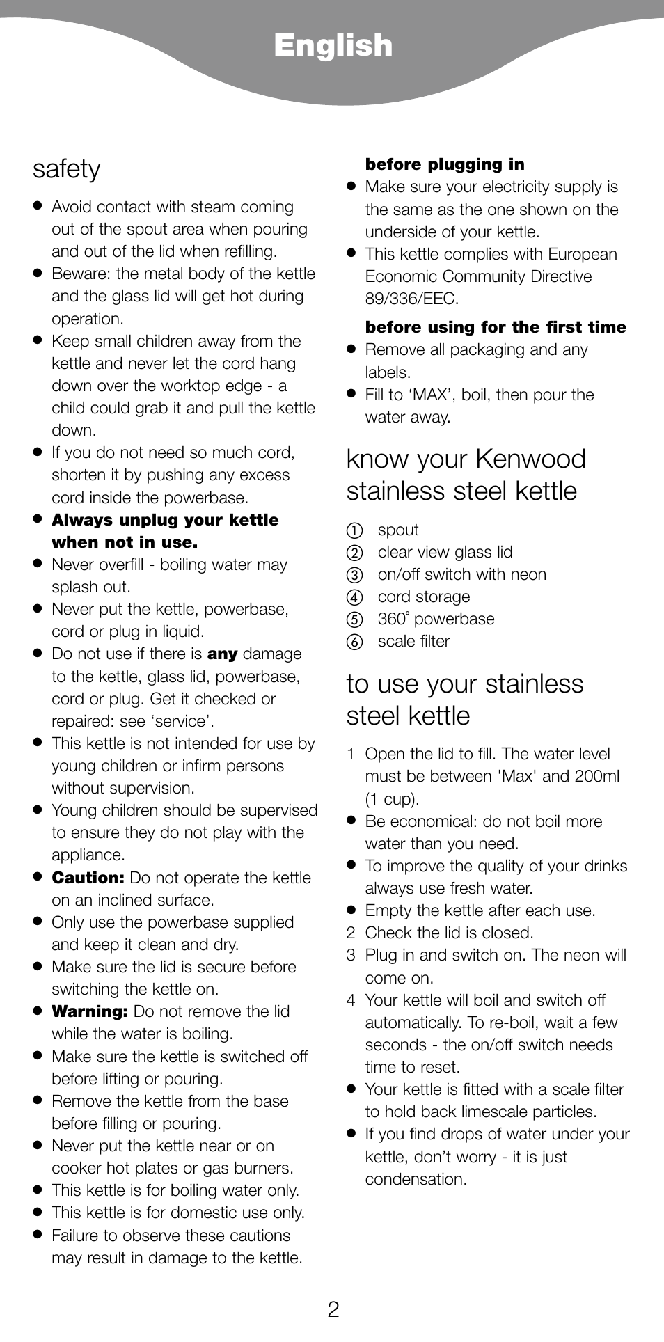 English, Safety, Know your kenwood stainless steel kettle | Kenwood SK887 User Manual | Page 5 / 48