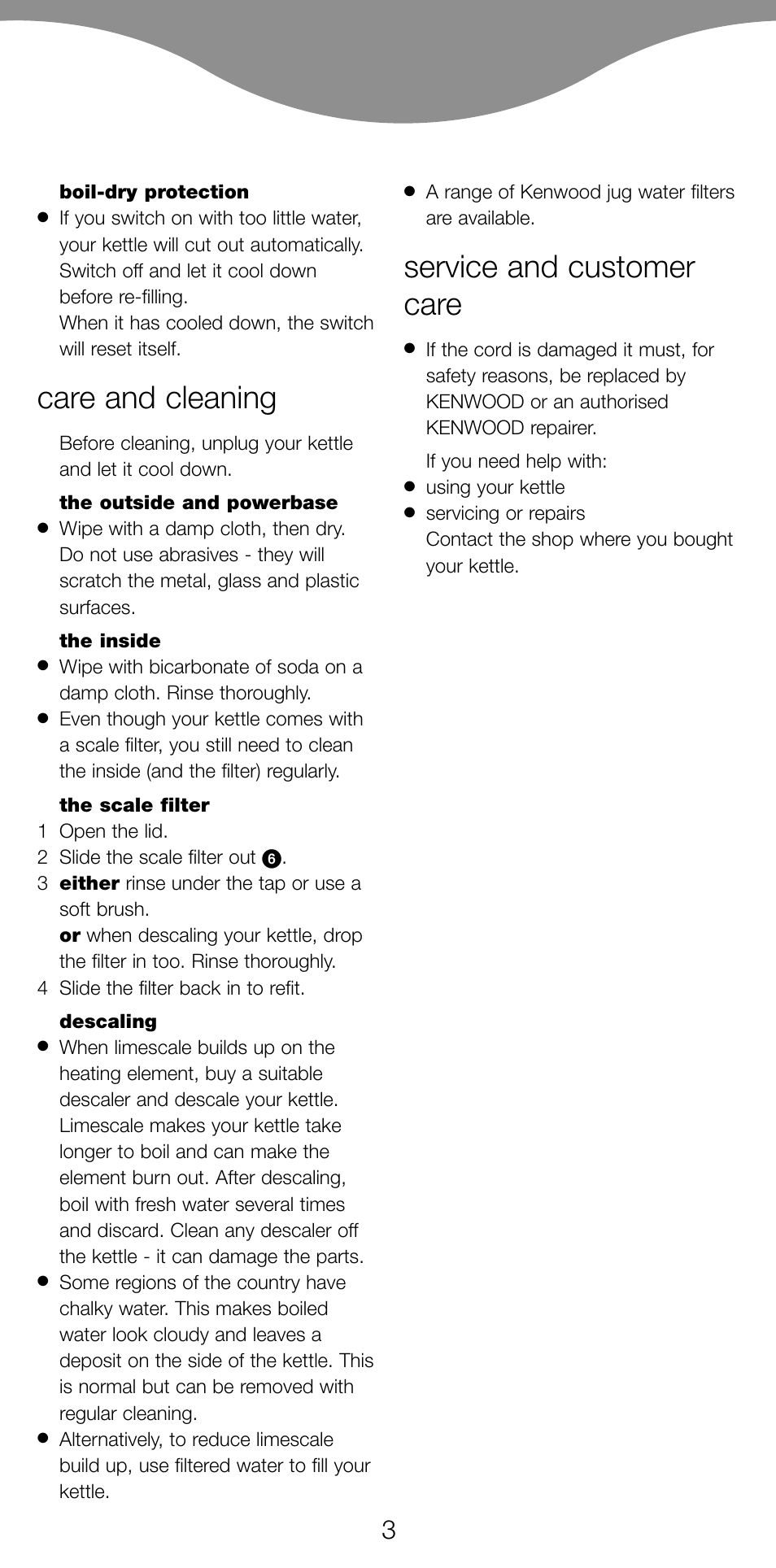 Care and cleaning, Service and customer care | Kenwood SK887 User Manual | Page 6 / 48