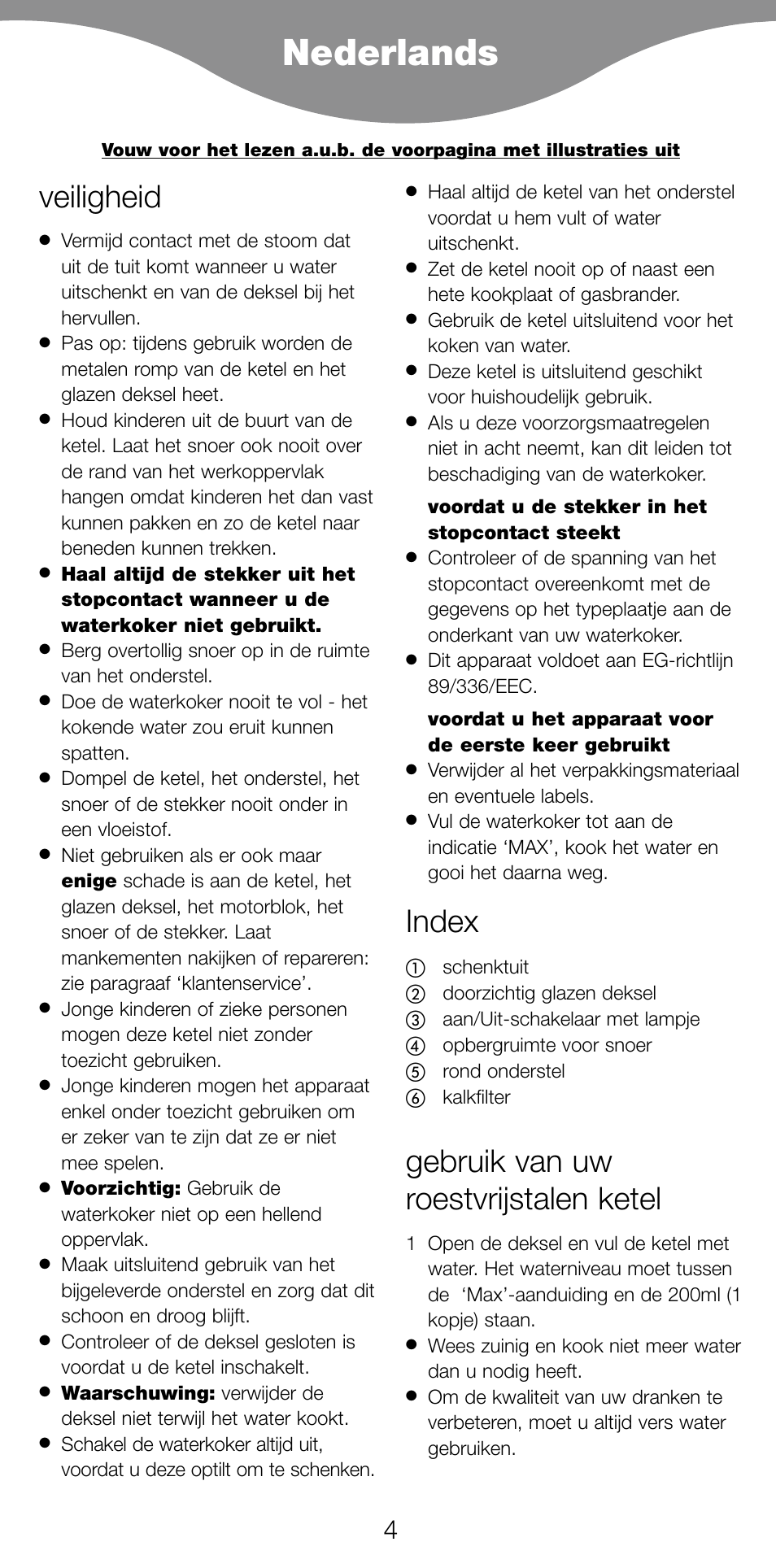Nederlands, Veiligheid, Index | Gebruik van uw roestvrijstalen ketel | Kenwood SK887 User Manual | Page 7 / 48