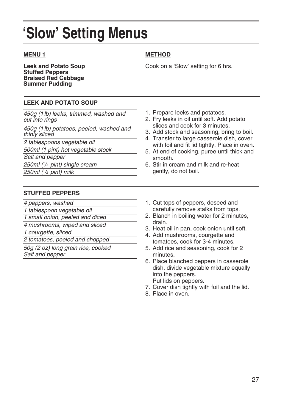 Slow’ setting menus | Hotpoint EG95 User Manual | Page 27 / 44