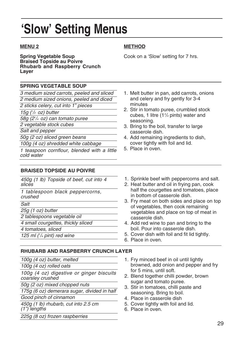 Slow’ setting menus | Hotpoint EG95 User Manual | Page 29 / 44