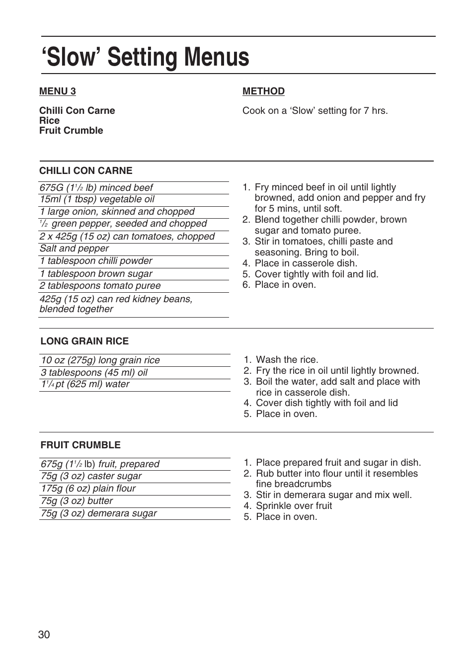 Slow’ setting menus | Hotpoint EG95 User Manual | Page 30 / 44