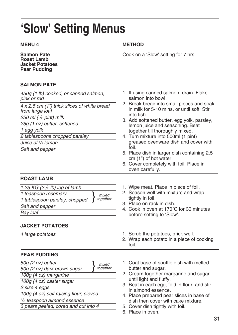 Slow’ setting menus | Hotpoint EG95 User Manual | Page 31 / 44