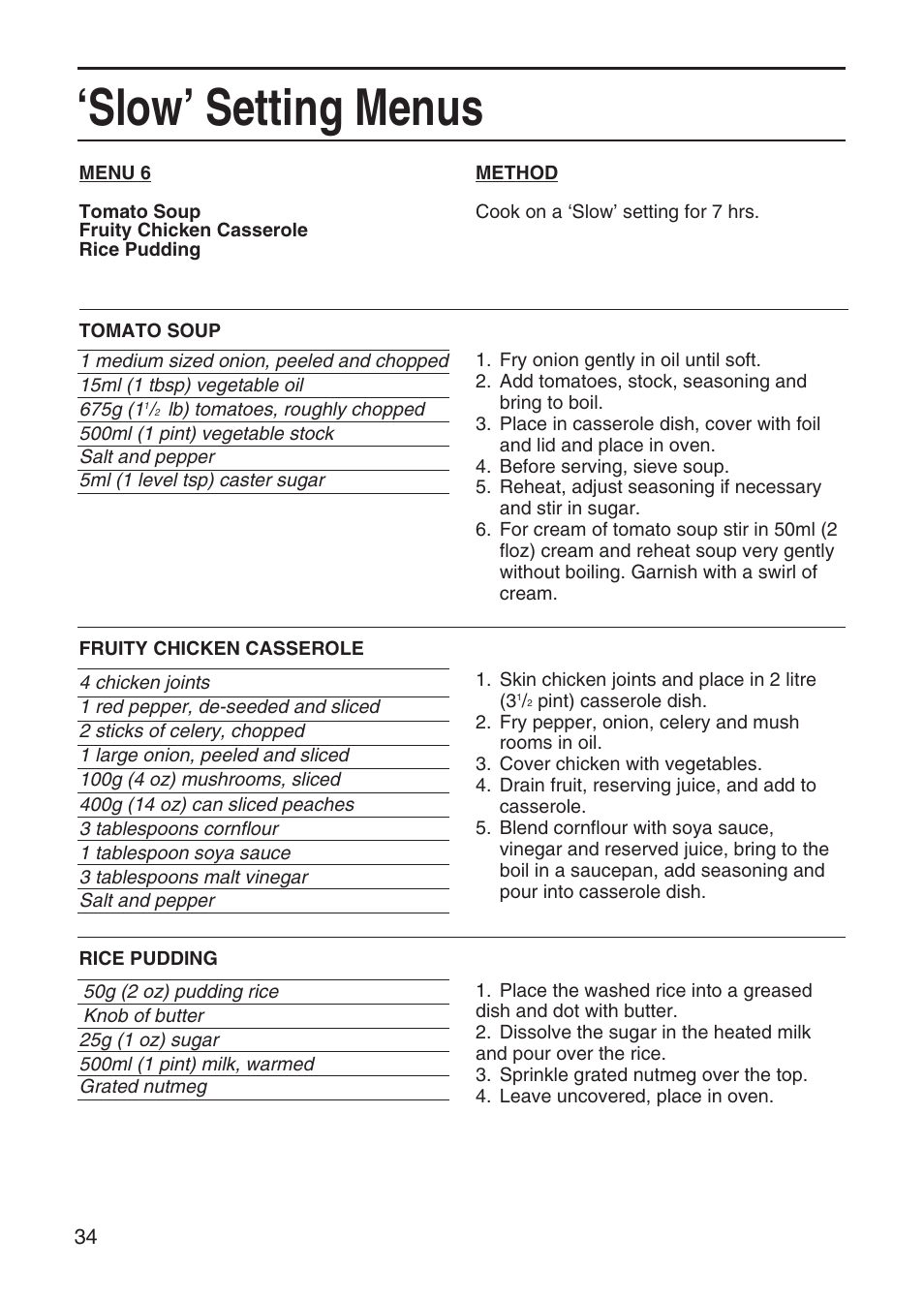 Slow’ setting menus | Hotpoint EG95 User Manual | Page 34 / 44