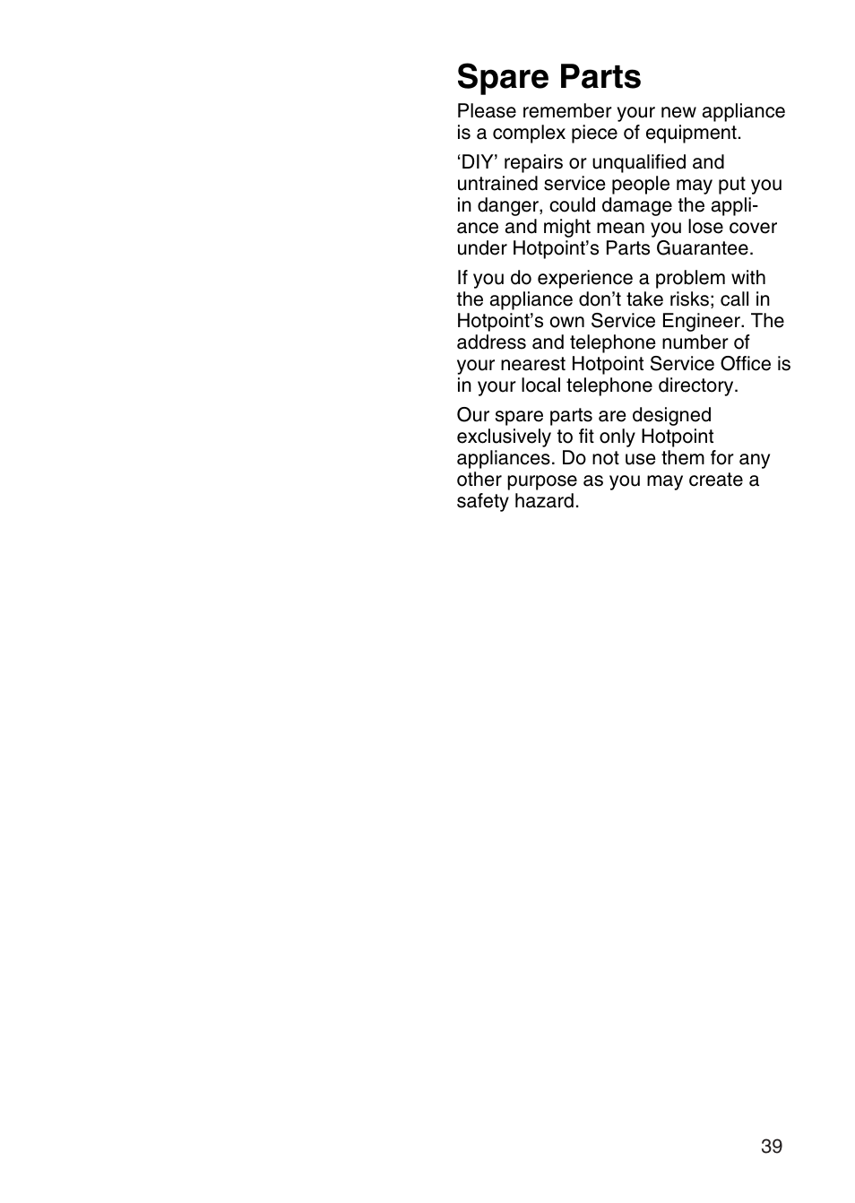 Spare parts | Hotpoint EG95 User Manual | Page 39 / 44