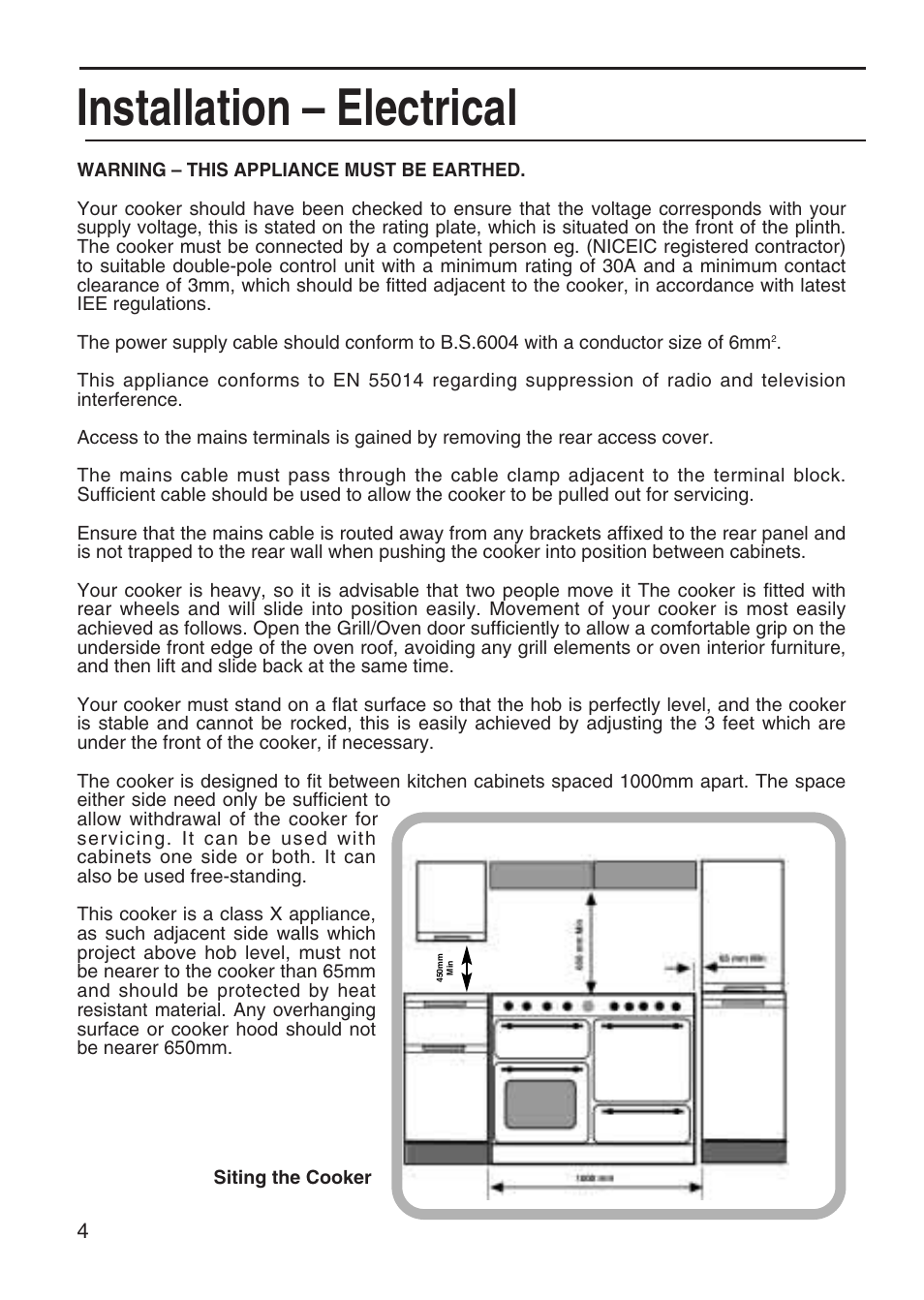 Installation – electrical | Hotpoint EG95 User Manual | Page 4 / 44