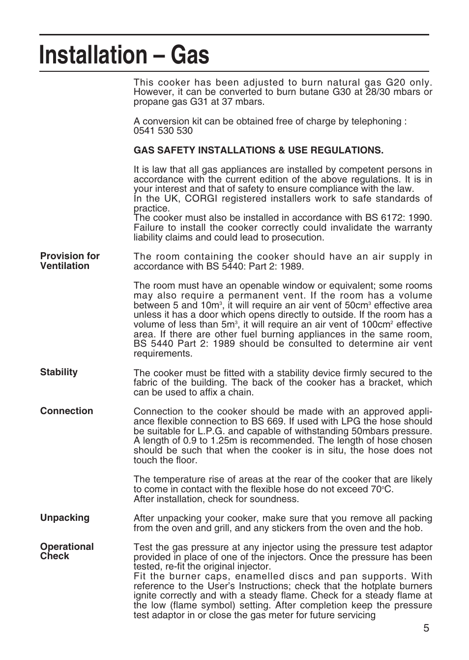 Installation – gas | Hotpoint EG95 User Manual | Page 5 / 44