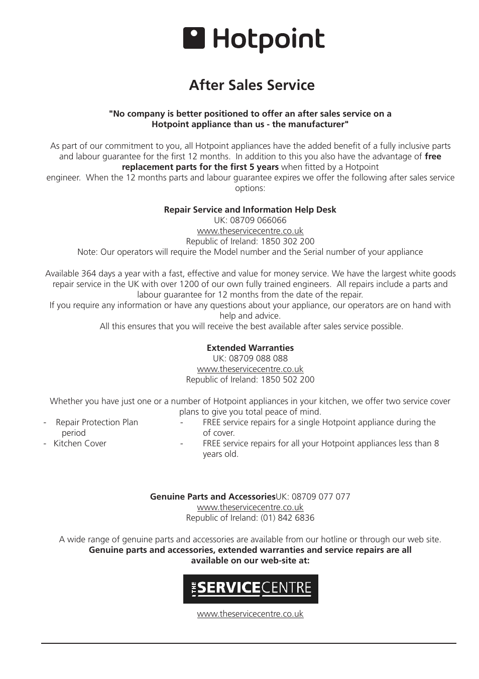After sales service | Hotpoint RZA 21 User Manual | Page 14 / 16
