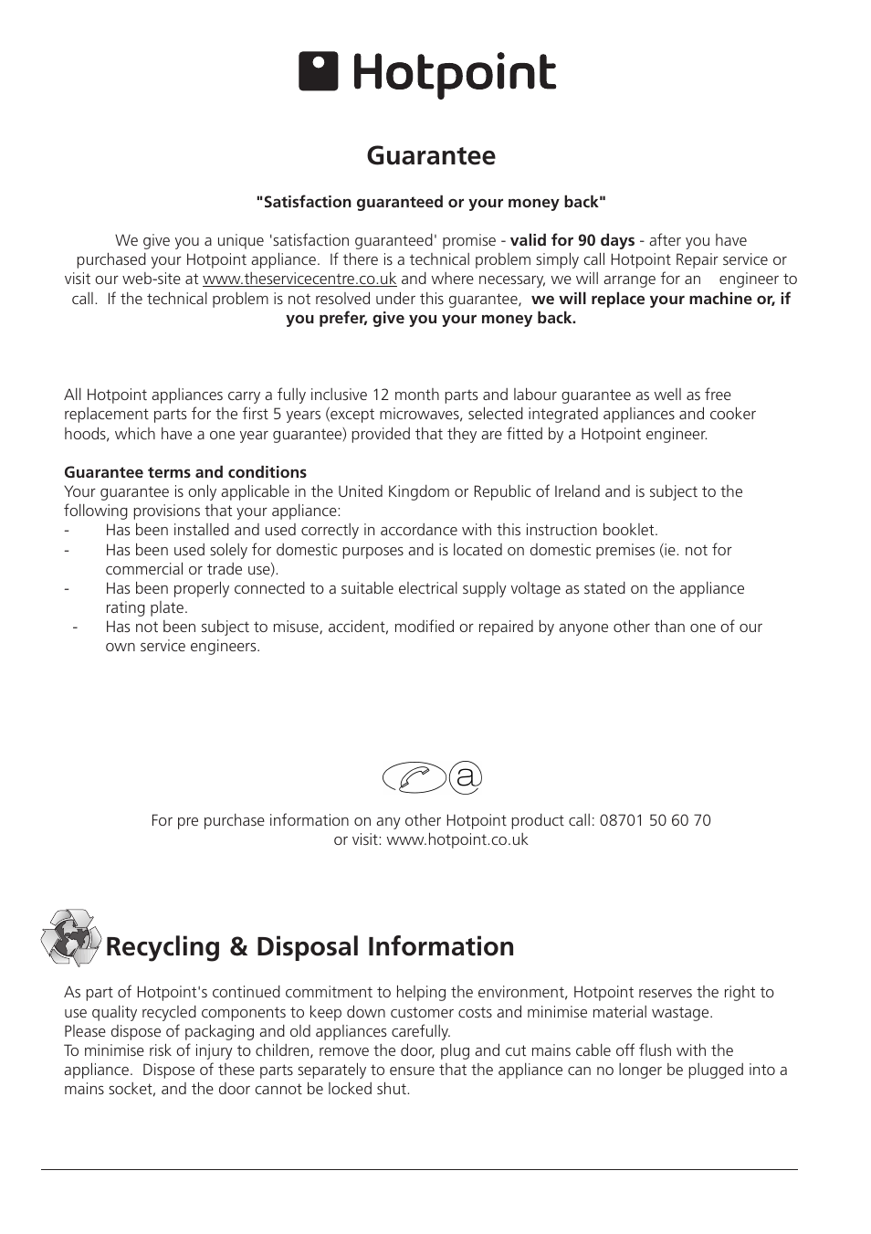 Guarantee, Recycling & disposal information | Hotpoint RZA 21 User Manual | Page 15 / 16