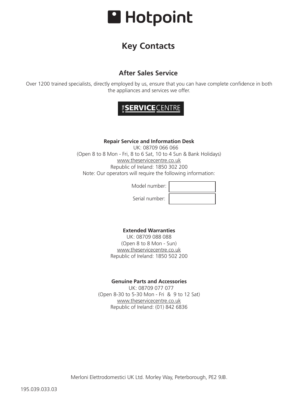 Key contacts, After sales service | Hotpoint RZA 21 User Manual | Page 16 / 16