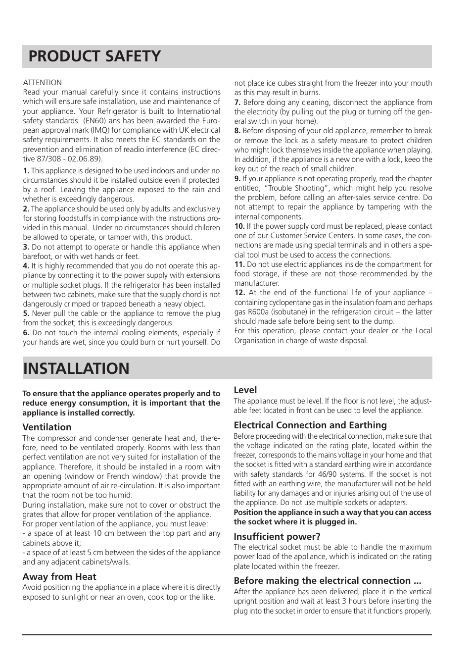 Installation, Product safety | Hotpoint RZA 21 User Manual | Page 3 / 16