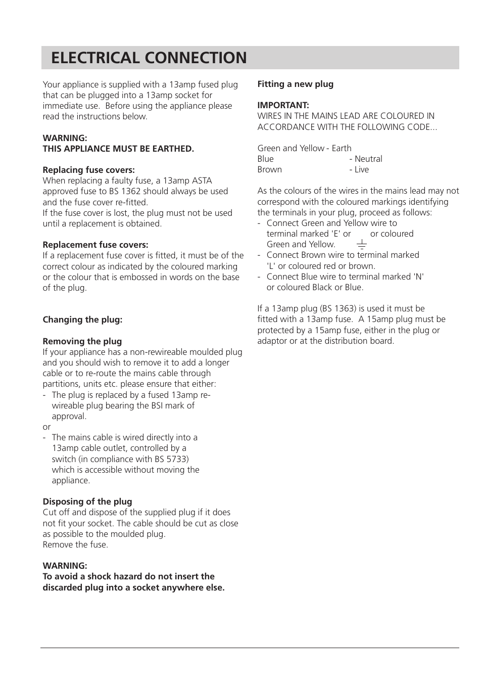 Electrical connection | Hotpoint RZA 21 User Manual | Page 4 / 16