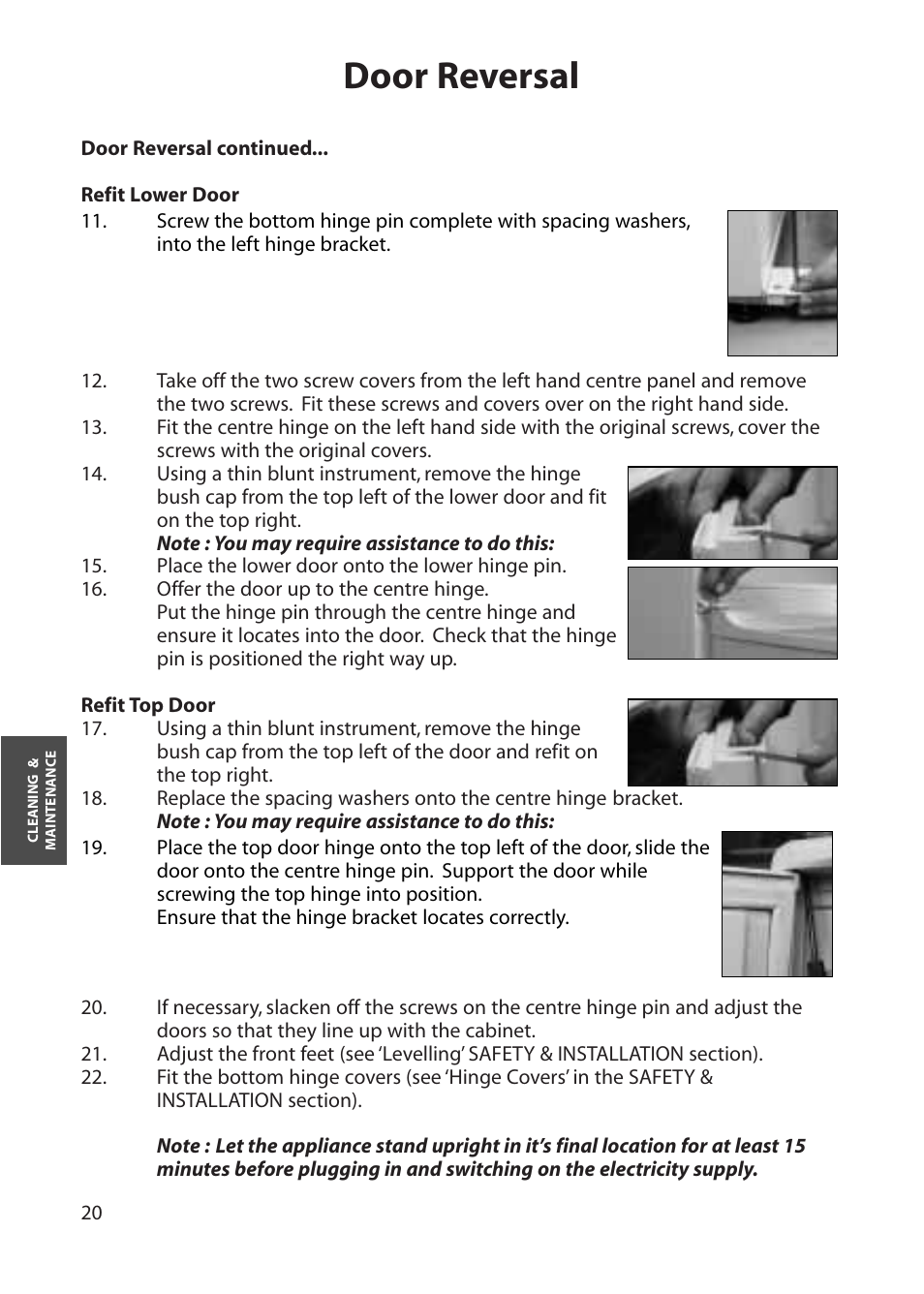 Door reversal | Hotpoint FFS70 User Manual | Page 20 / 28