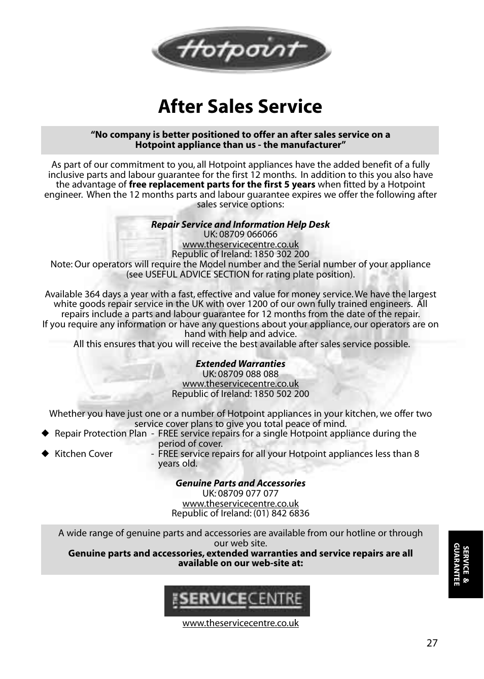 After sales service | Hotpoint FFS70 User Manual | Page 27 / 28