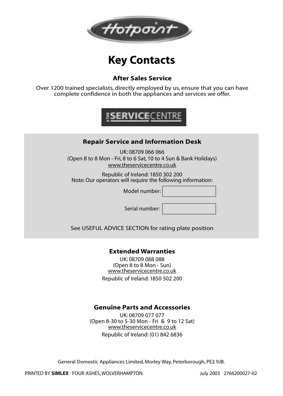 Key contacts | Hotpoint FFS70 User Manual | Page 28 / 28