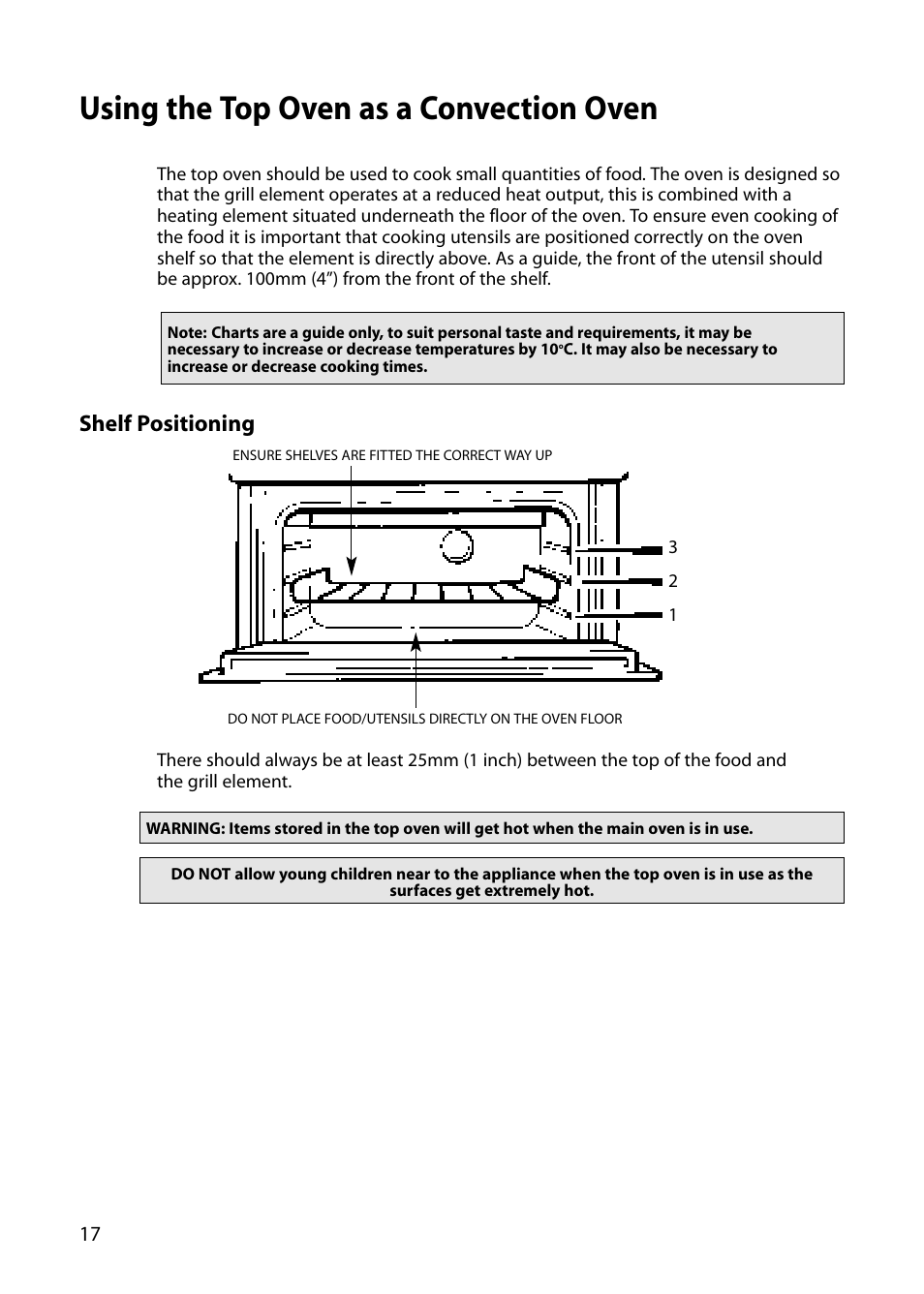 Using the top oven as a convection oven, Shelf positioning | Hotpoint S420E User Manual | Page 18 / 36